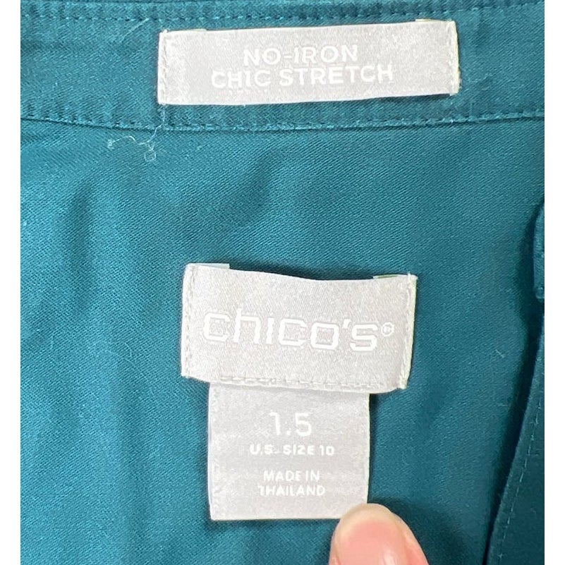 Chicos Size 10 No Iron Stretch Tunic Teal Green Floral Mandarin Long Sleeve