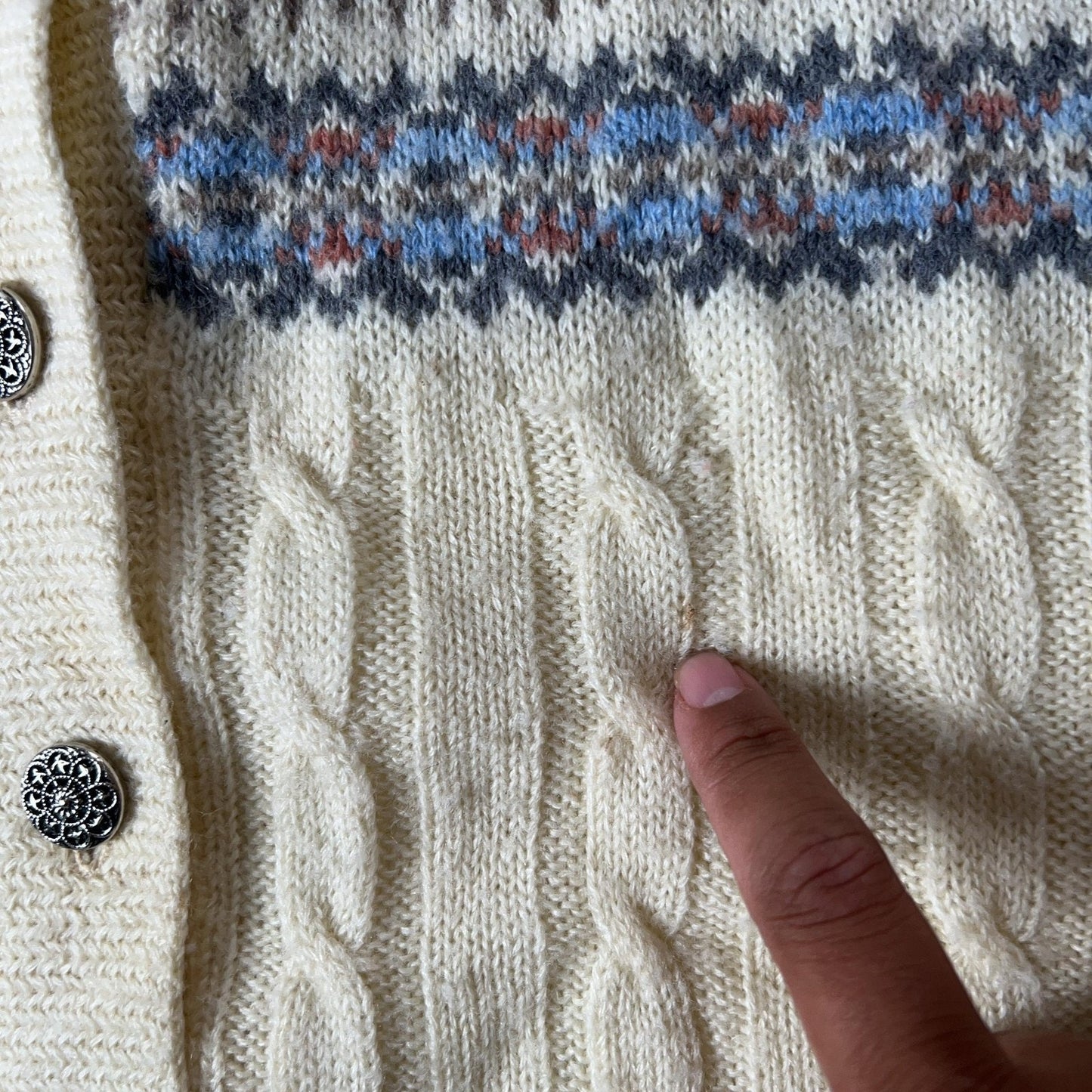 Winona Knits Cardigan Womens L White Cable-Knit Fair Isle Button USA Heavyweight