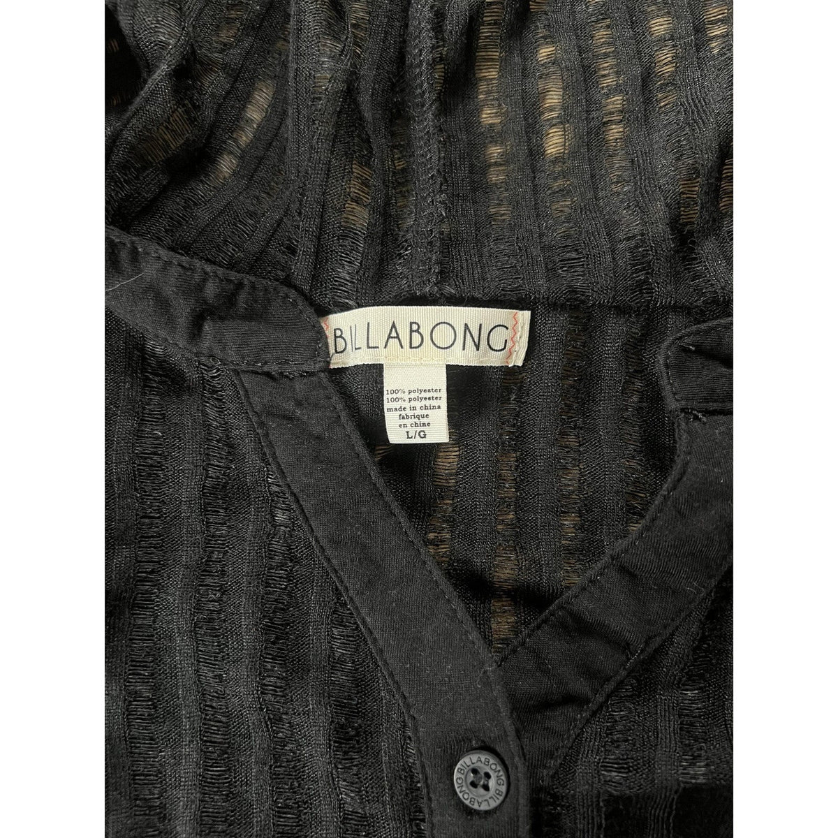 Billabong Sweater Womens L Black Hooded Sheer Striped Henley Lightweight