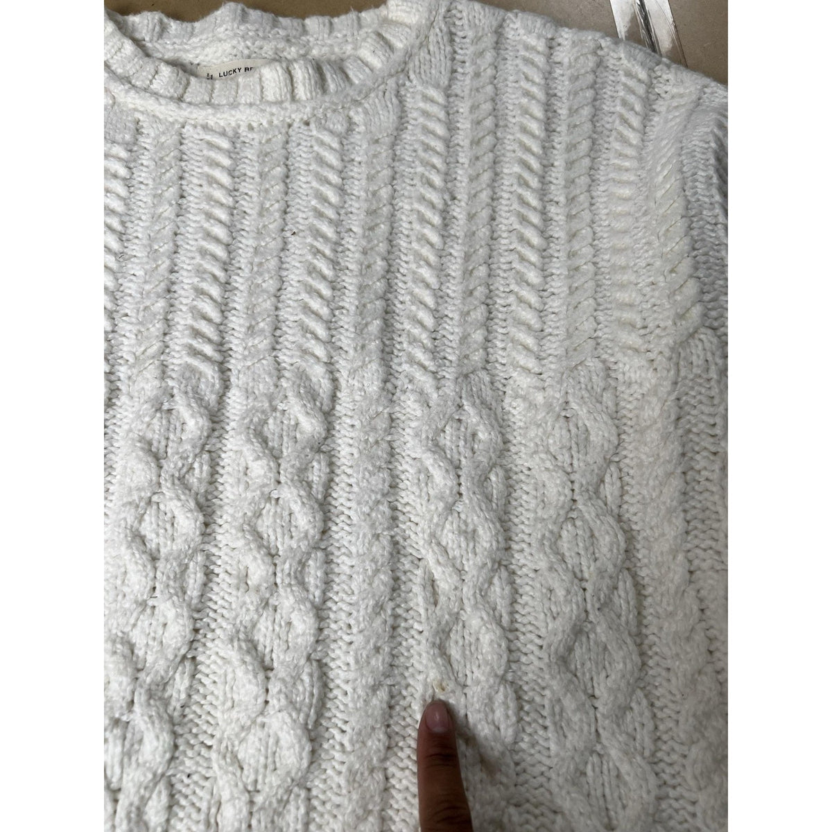 Lucky Brand Sweater Mens XL White Cable Knit Crew Neck Heavyweight Casual