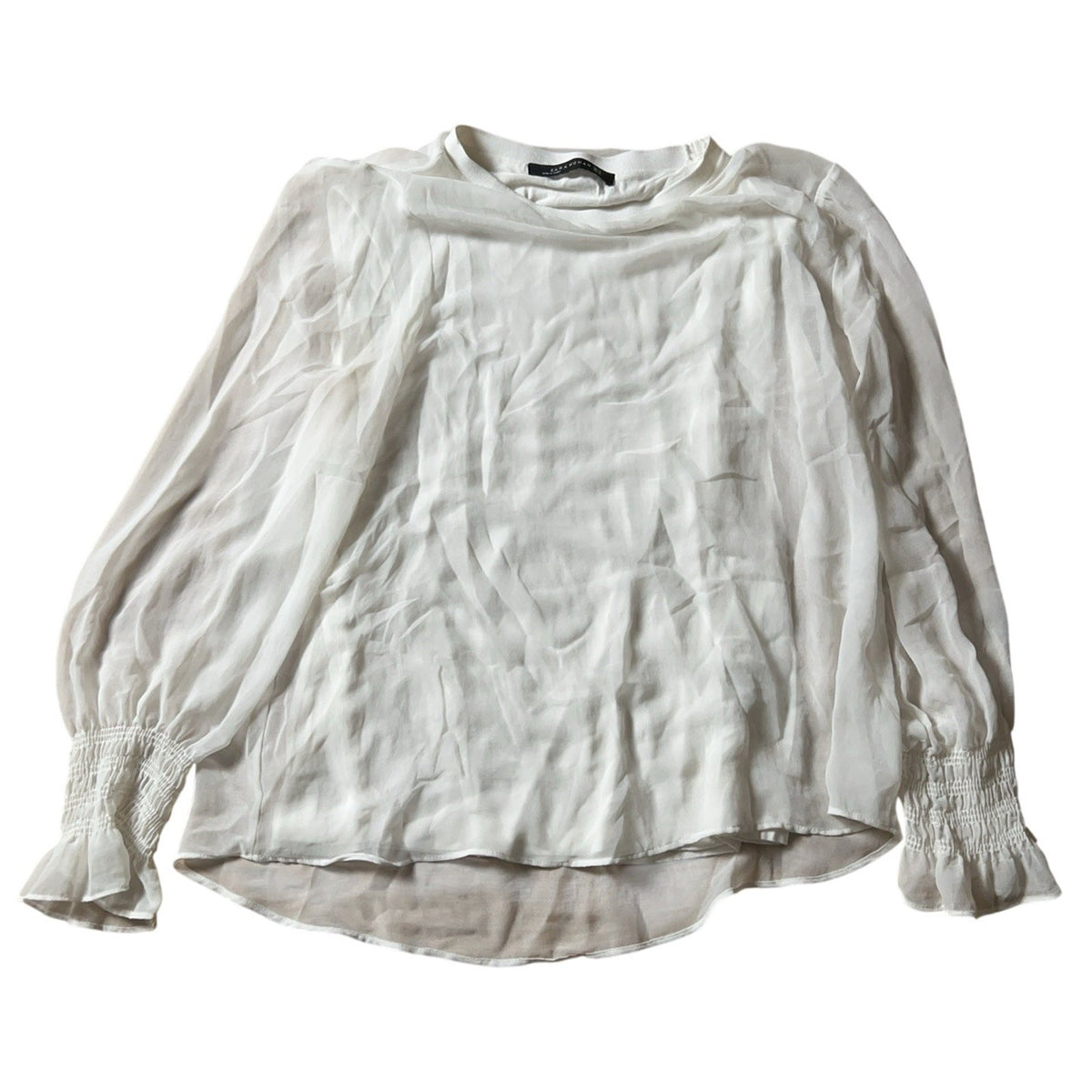 ZARA WOMAN Blouse Womens XL White Bohemian Balloon Sleeve Chiffon Lined