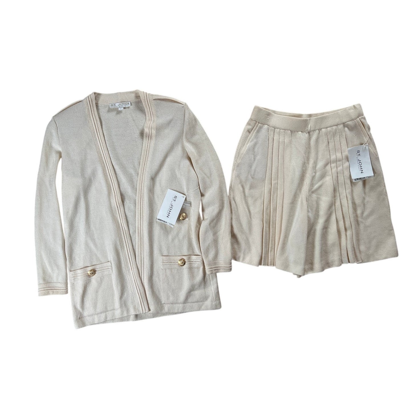NWT St.John Women's Cardigan Skirt Set 10 Solid White Brass Buttons Santana Knit