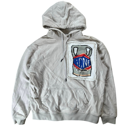 Acne Studios Hoodie Mens L Beige Pullover Cotton Fleece Hooded Pockets Graphic