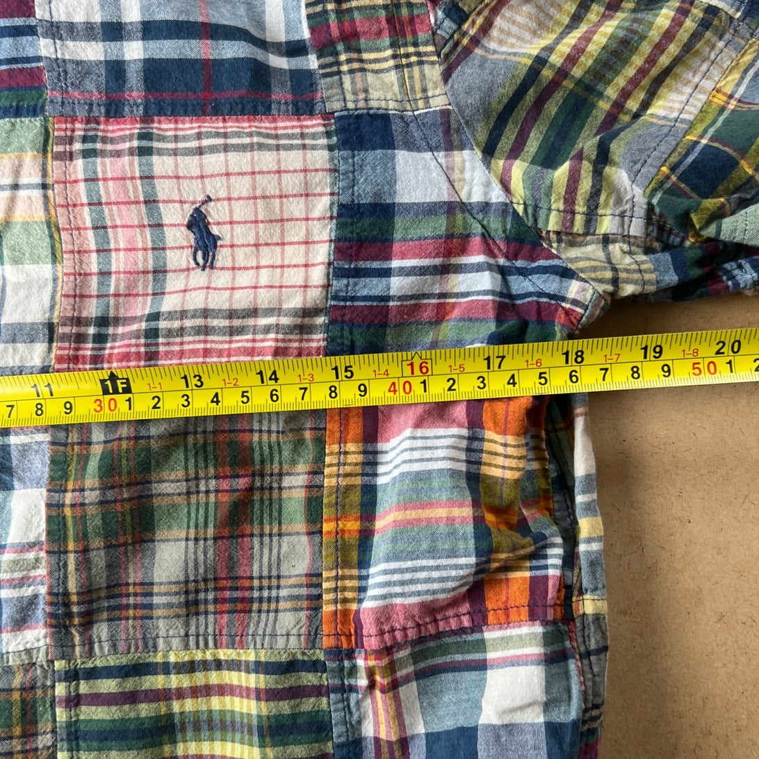 Vintage Ralph Lauren Patch Work Madras Button-Down Shirt Mens Small Blue Classic