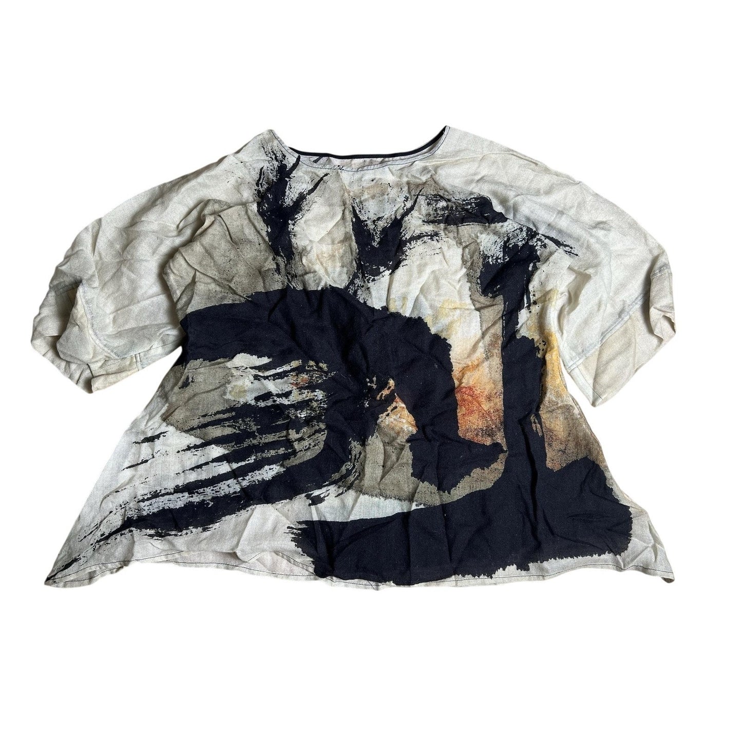 Tunic Womens S/M Beige Scoop Neck Dolman Sleeve Abstract Woven Lightweight Top