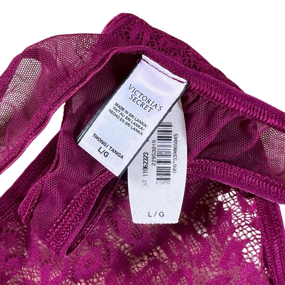 NWT Victoria's Secret Bottom Womens L/G Purple Thong Lace Sheer Lined Floral