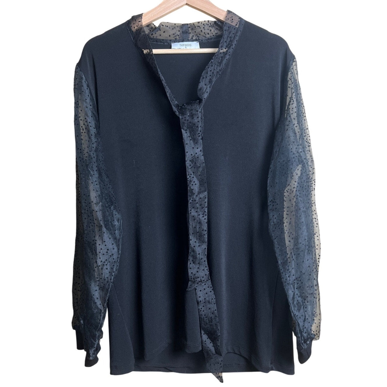 Hanezza Black Blouse Women's Top Small Tie Bow