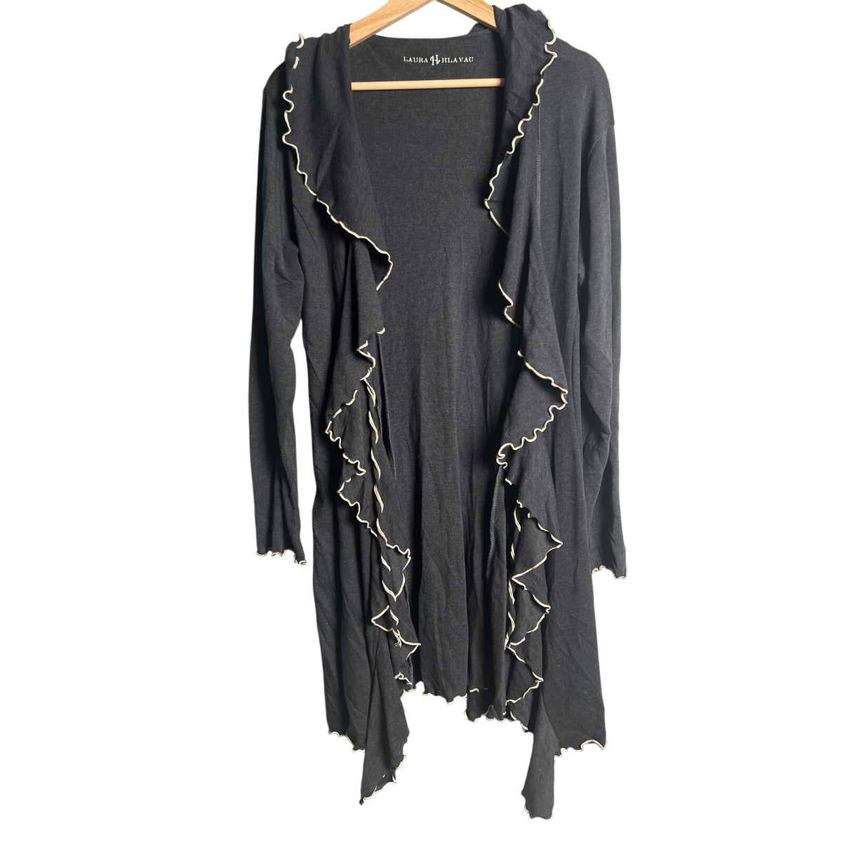 Laura Hlavac Ruffle Duster Sweater Cardigan Long Tie front jacket Women L