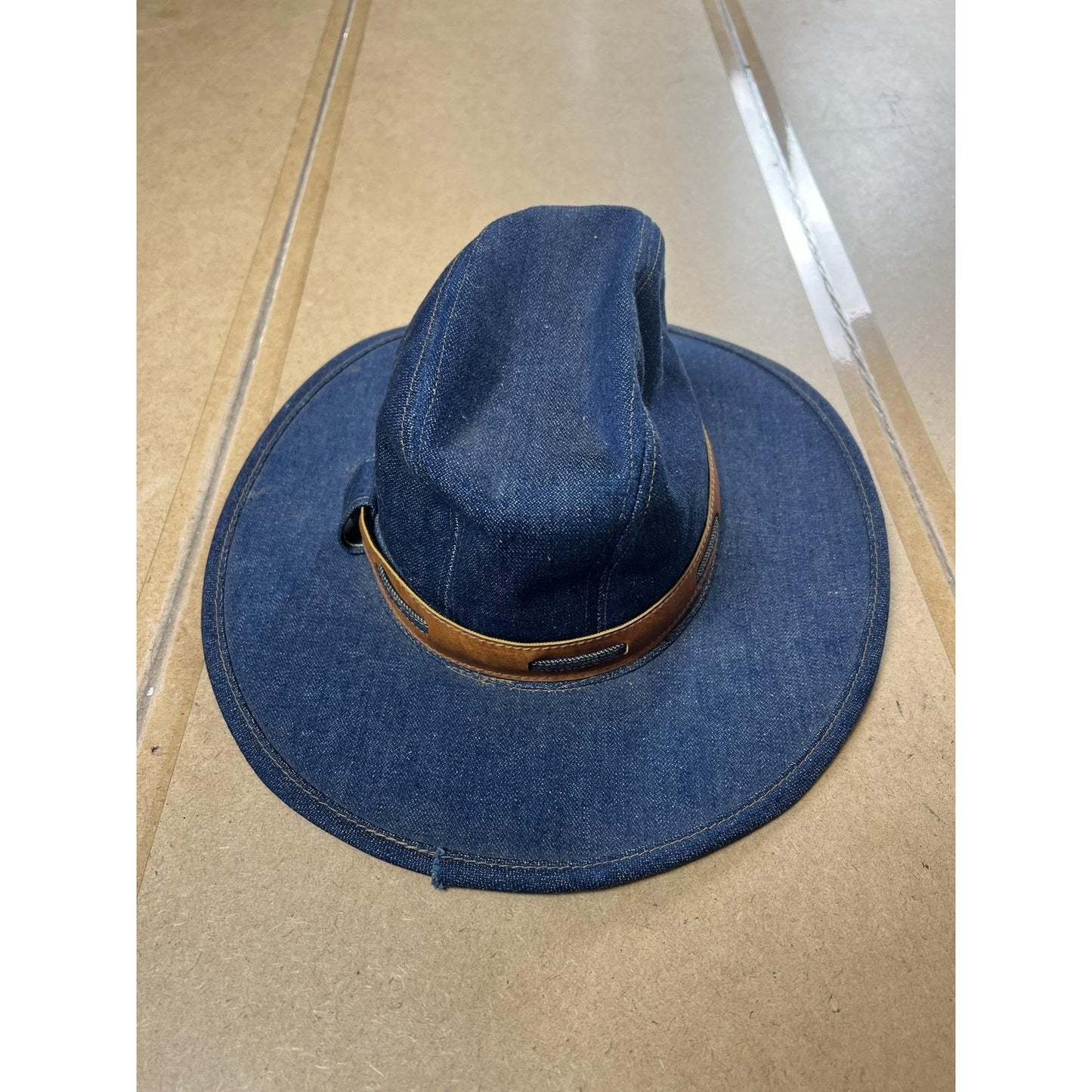 Fedora Hat Womens L Blue Denim Cotton Wide Brim Strap Made USA Spring Summer