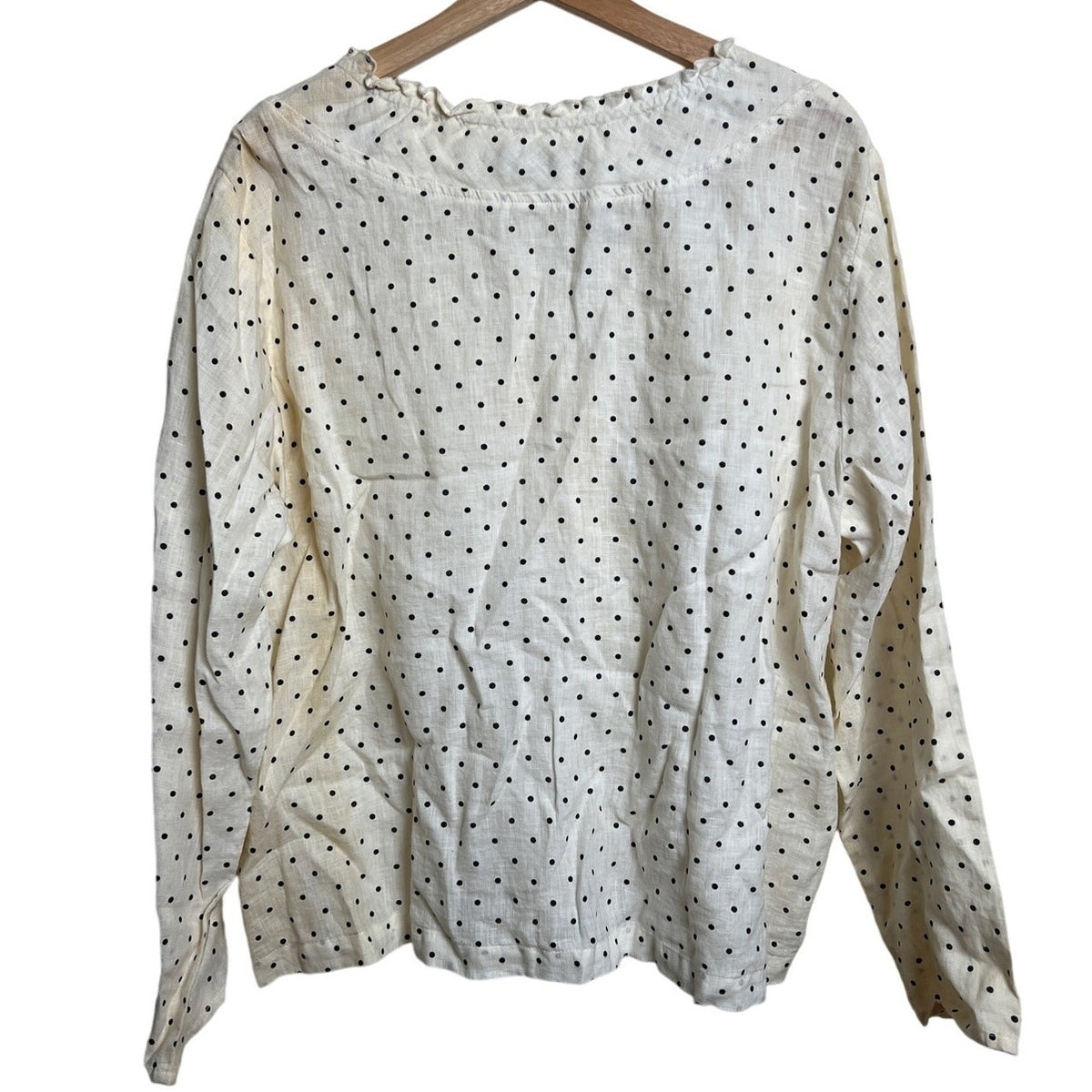 NWT FLAX Blouse Long Sleeve Size Large Cream Black Polka Dots With Slight Stains