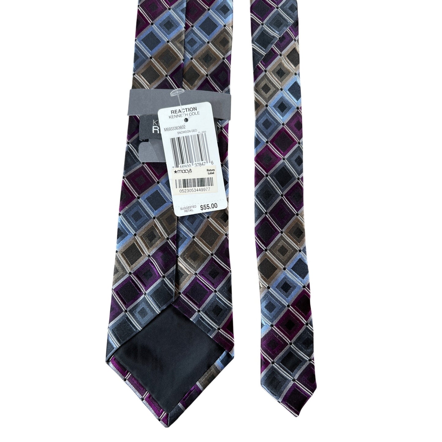 NWT Kenneth Cole Reaction 100% Silk Neck Tie Foxhound Grid Purple