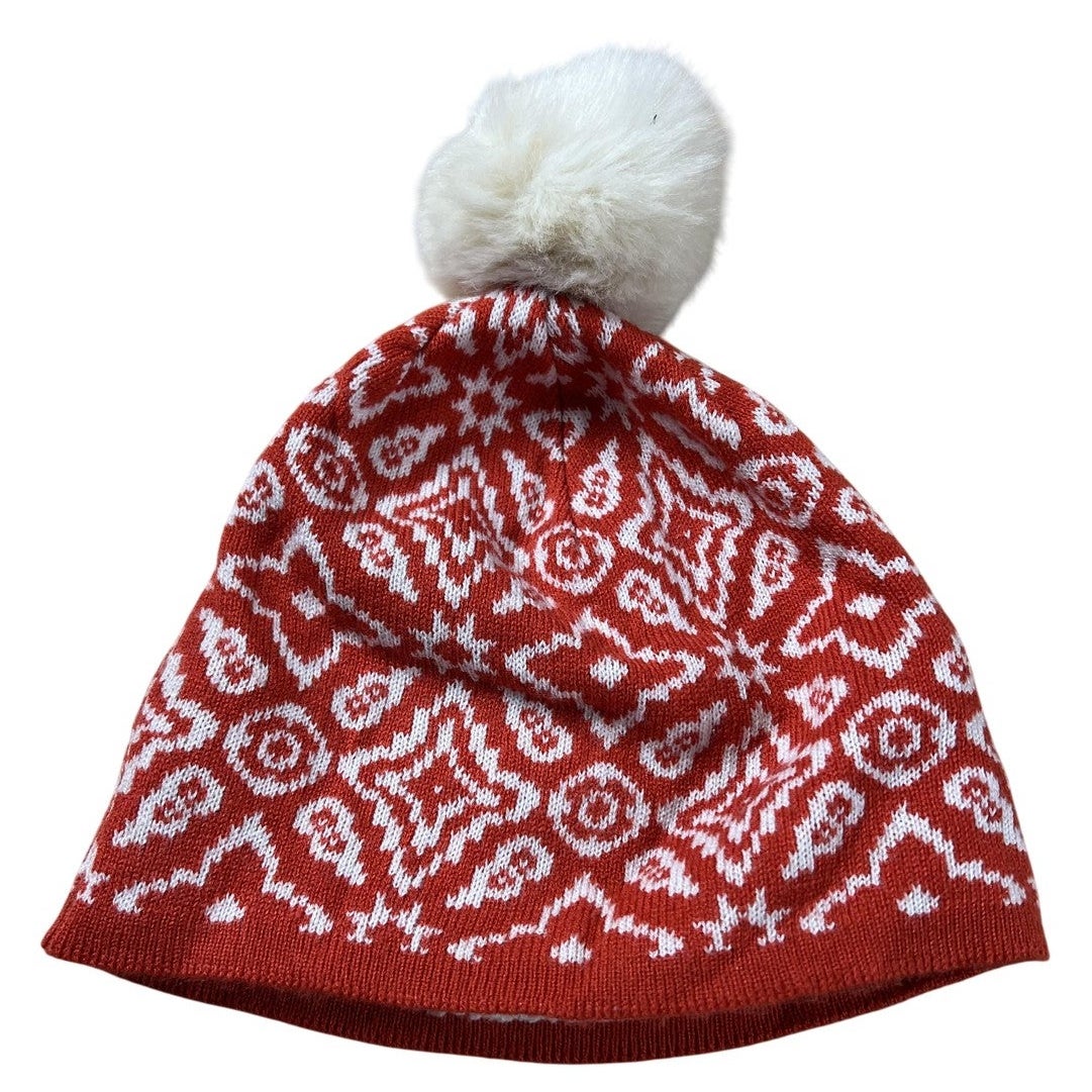 Vera Bradley Beanie Womens One Size Red Lined Faux Fur Pom Pom Geometric Knit