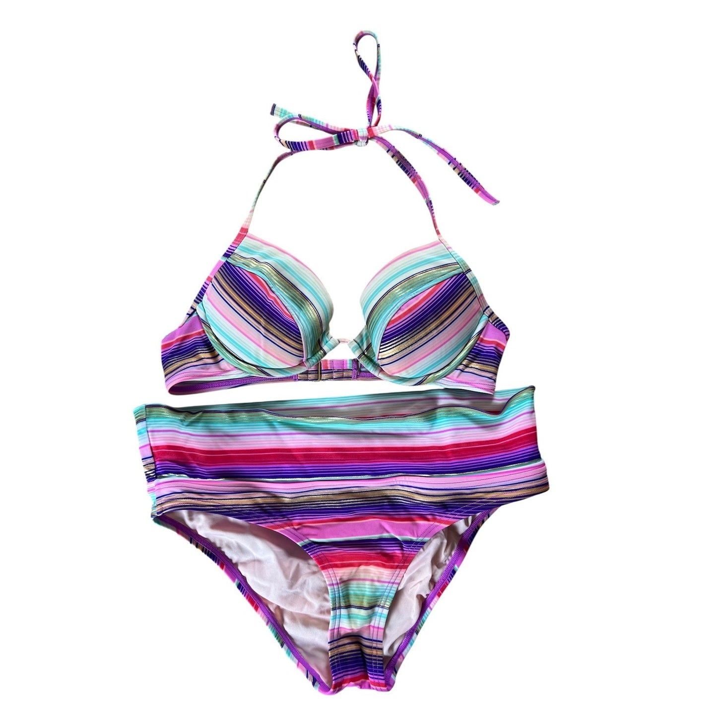 Victoria Secret Striped Bikini Swim Top Womens Medium Halter Padded Swimwear