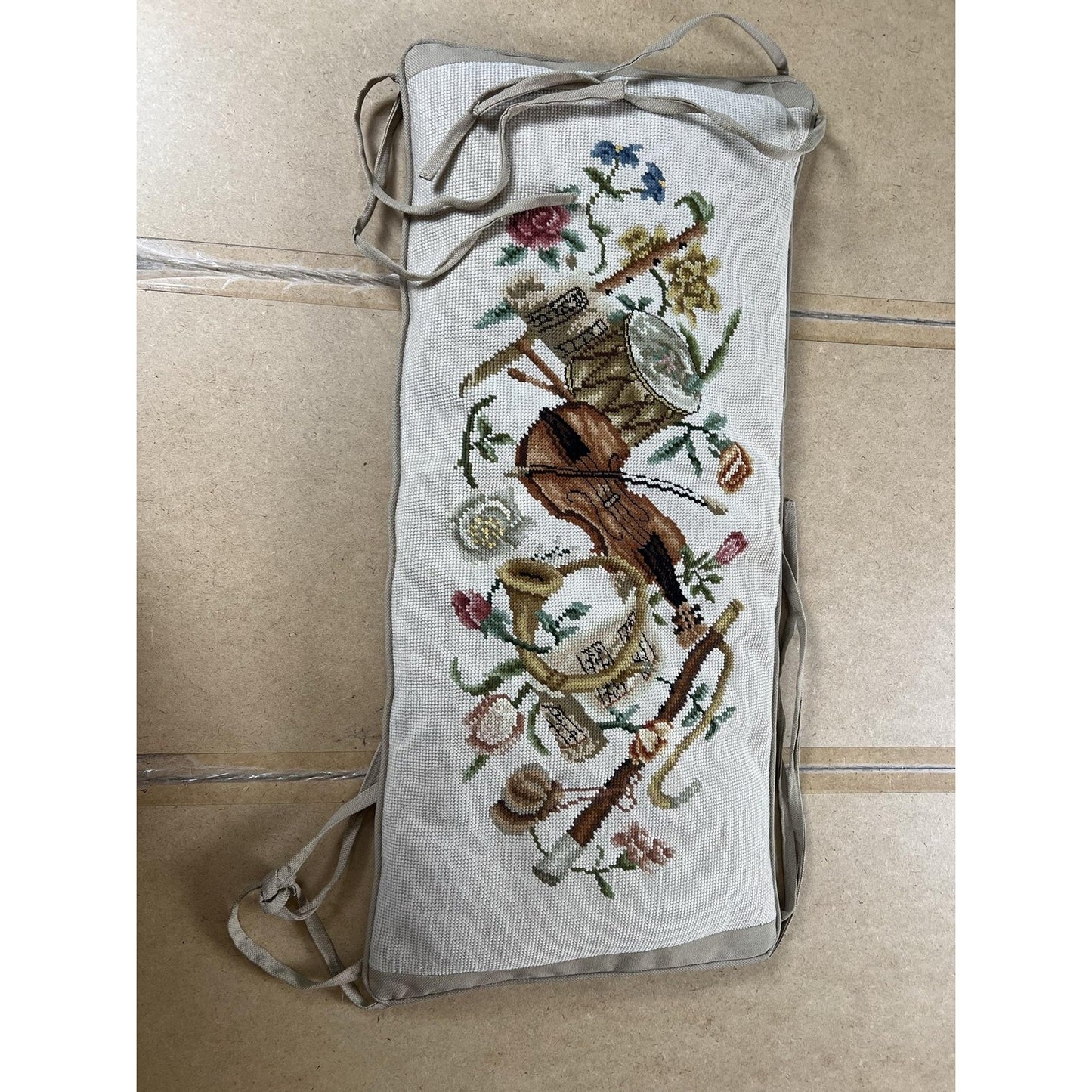 Handmade Bench Cushion Extra Large Beige Cotton Blend Floral Traditional Tie-On