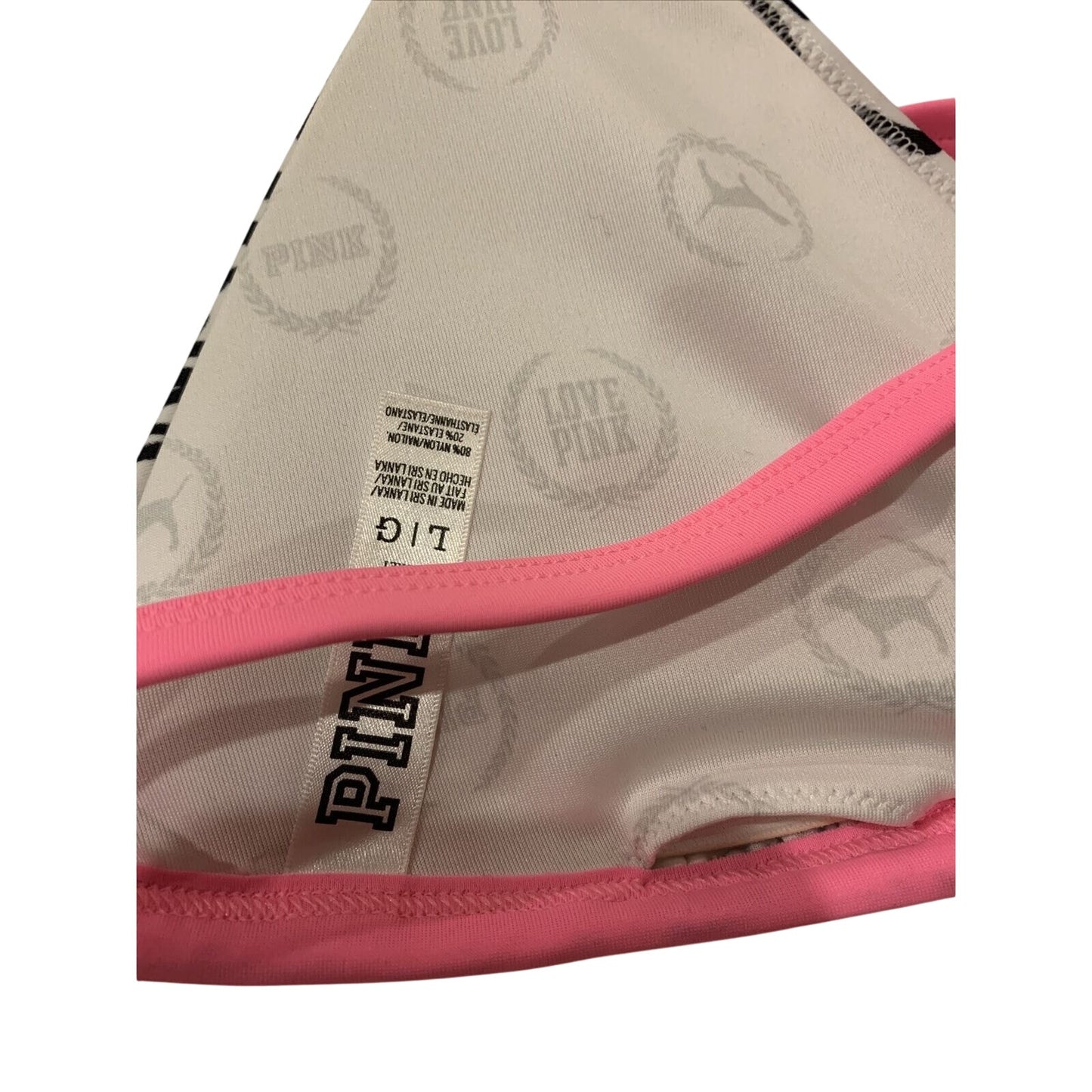 Victoria's Victoria Secret Bikini PINK Top Black & White letters pink Sz L - EUC