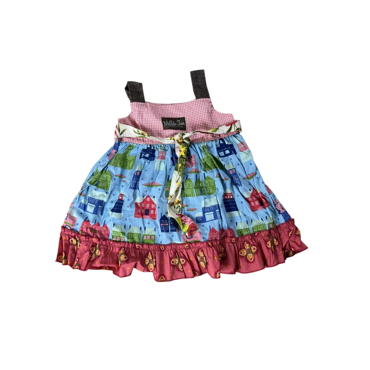 Matilda Jane Dress Girls 2T Blue Patchwork Sundress Square Neck Straps Ruffle