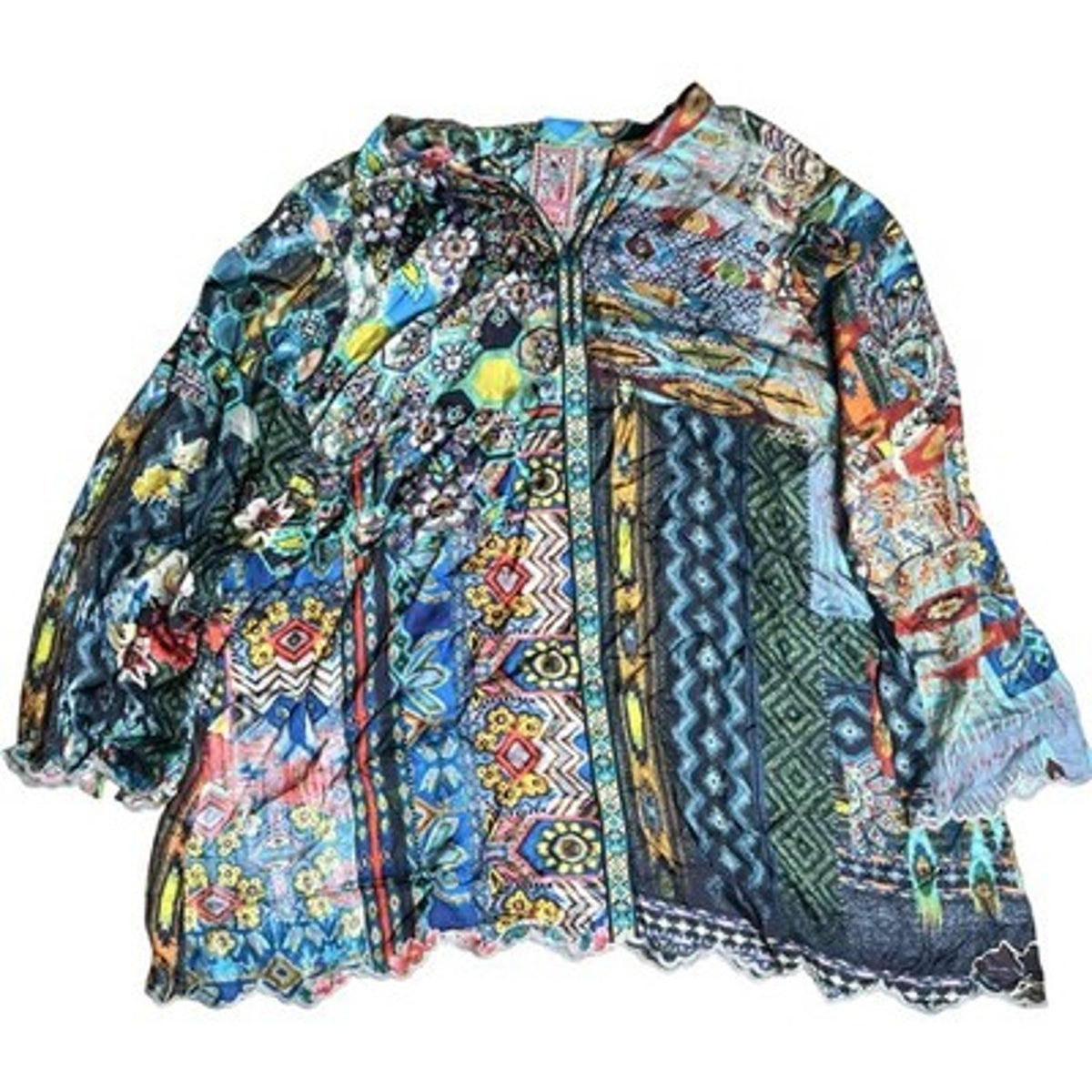 Johnny Was Blouse Womens 1X Multicolor Kimono V-Neck Rayon Zip Sheer Embroidered