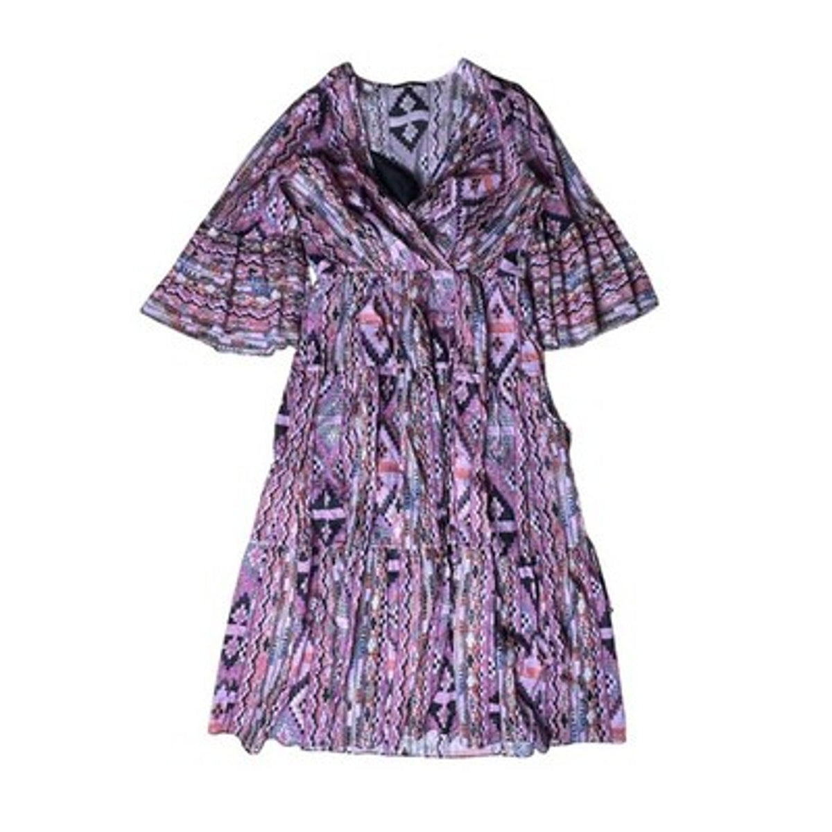 Kobi Halperin Dress Womens S Pink Wrap Midi Bell Sleeve Ruffle Geometric Belted