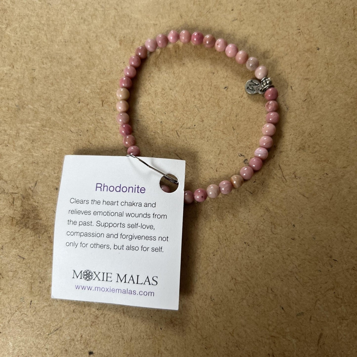 Moxie Malas Rhodonite Pink Gemstone Beaded Stretch Bracelet Womens Healing Yoga