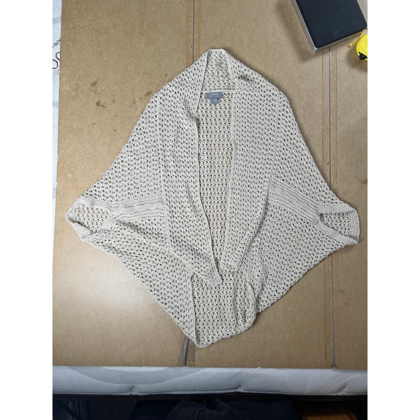 JANA Shrug Womens L/XL Beige Open-Knit Lightweight Collared Crochet Oversized
