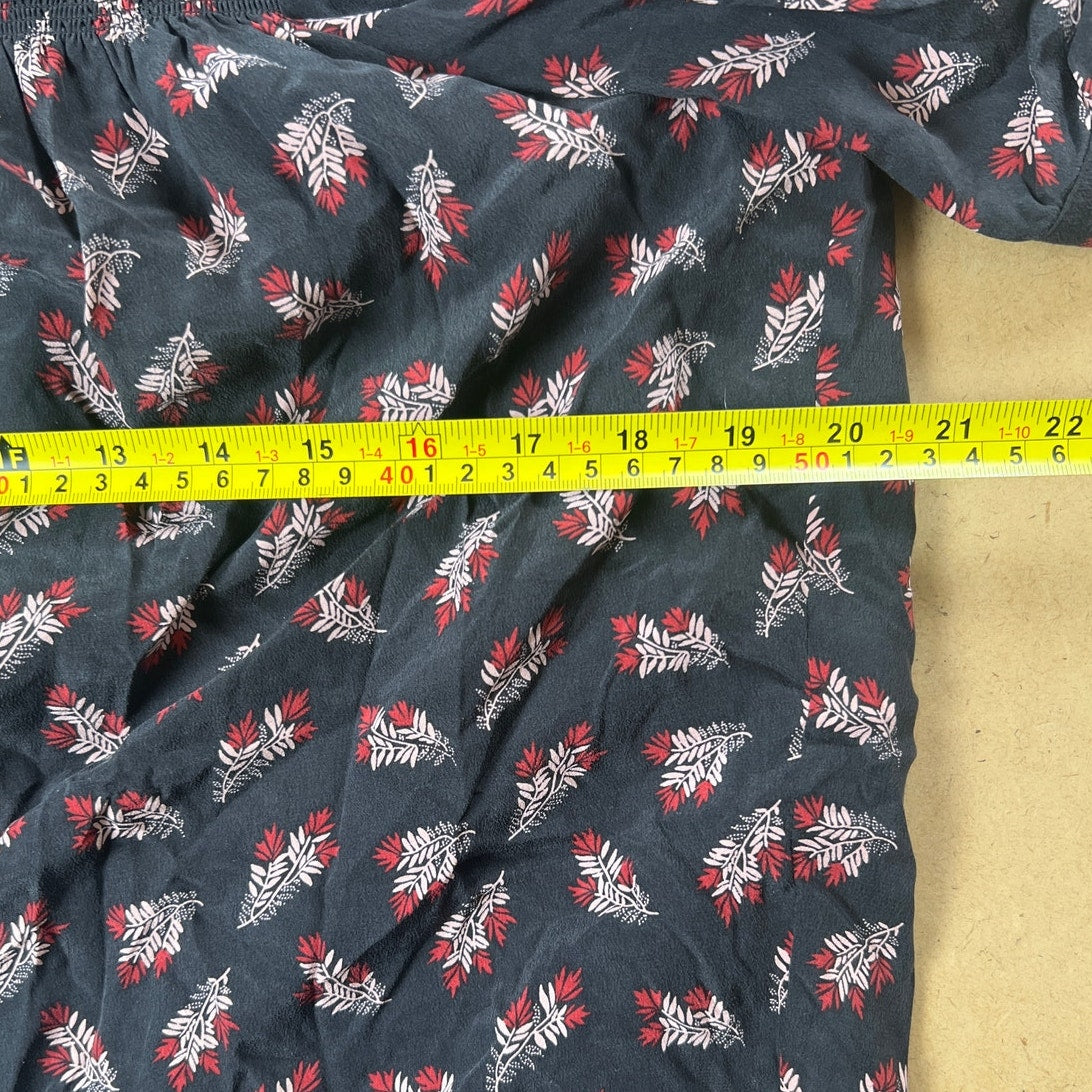 Frame Black Silk Floral 100% Silk Ruched Short Sleeve Blouse Top Size Small