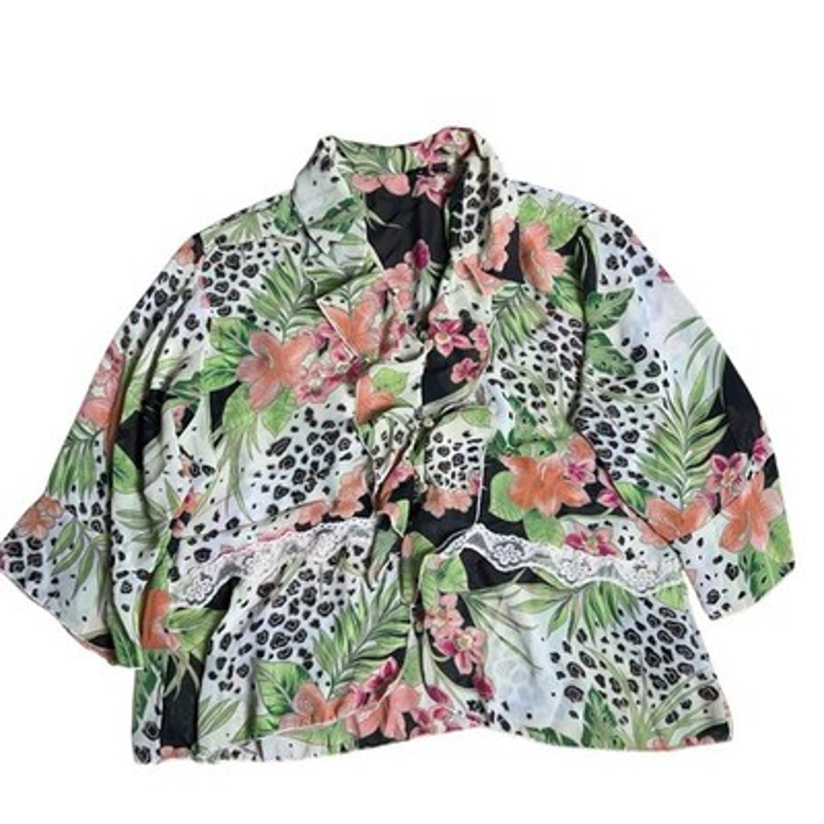 M Milano Blouse Womens M Multicolor Floral Kimono Collared 3/4 Sleeve Chiffon