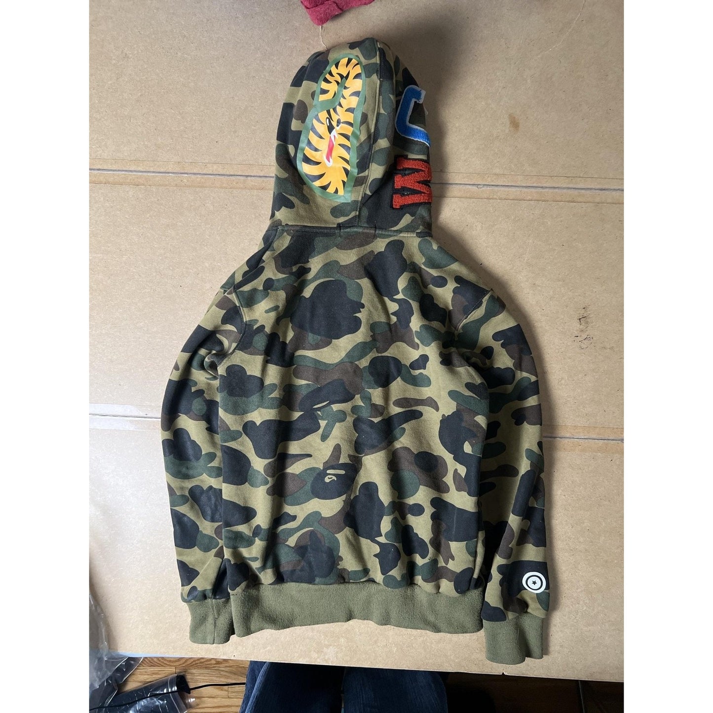 A Bathing Ape Sweater Mens M Green Camo Full Zip Hooded Shark Face Embroidered