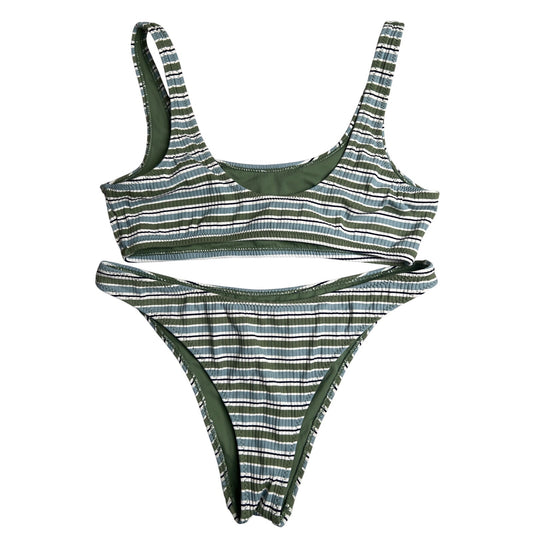 L.A. Hearts Two Piece Bikini Swimwear Set S Top and M Bottom Green Striped EUC