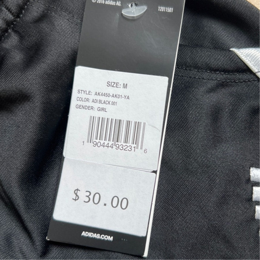 NWT Adidas Girls Track Pants Black 3 White Stripes Pockets Elastic Waist sz Medium