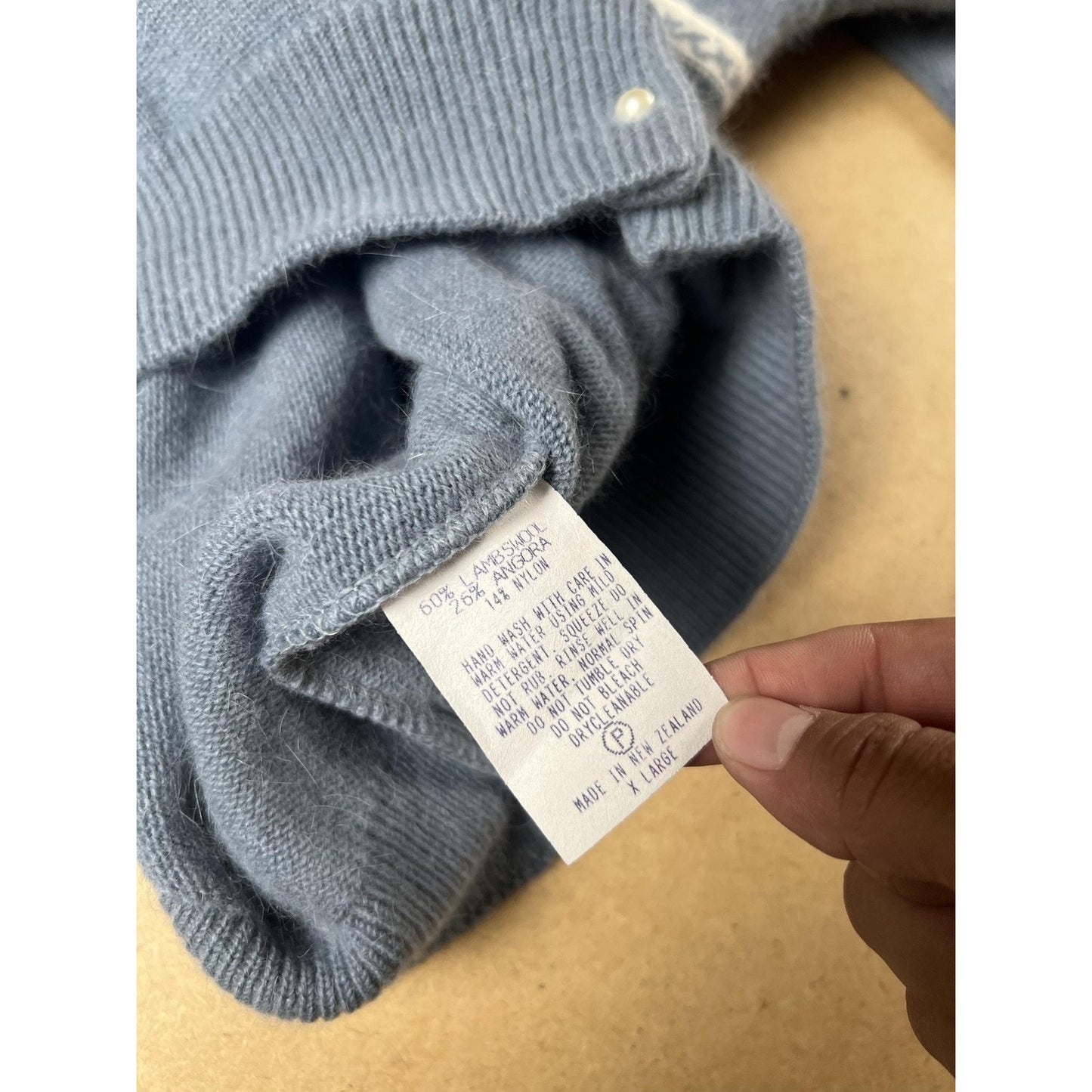 Spring Creek Angora Cardigan Womens XL Blue Fair Isle Pearl Button Lightweight