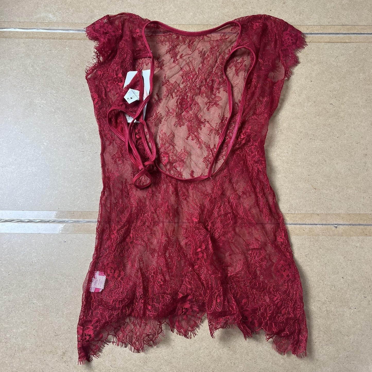 Shirley Chemise Womens S Red Lace Sheer Short Sleeve Scalloped Hem Sexy