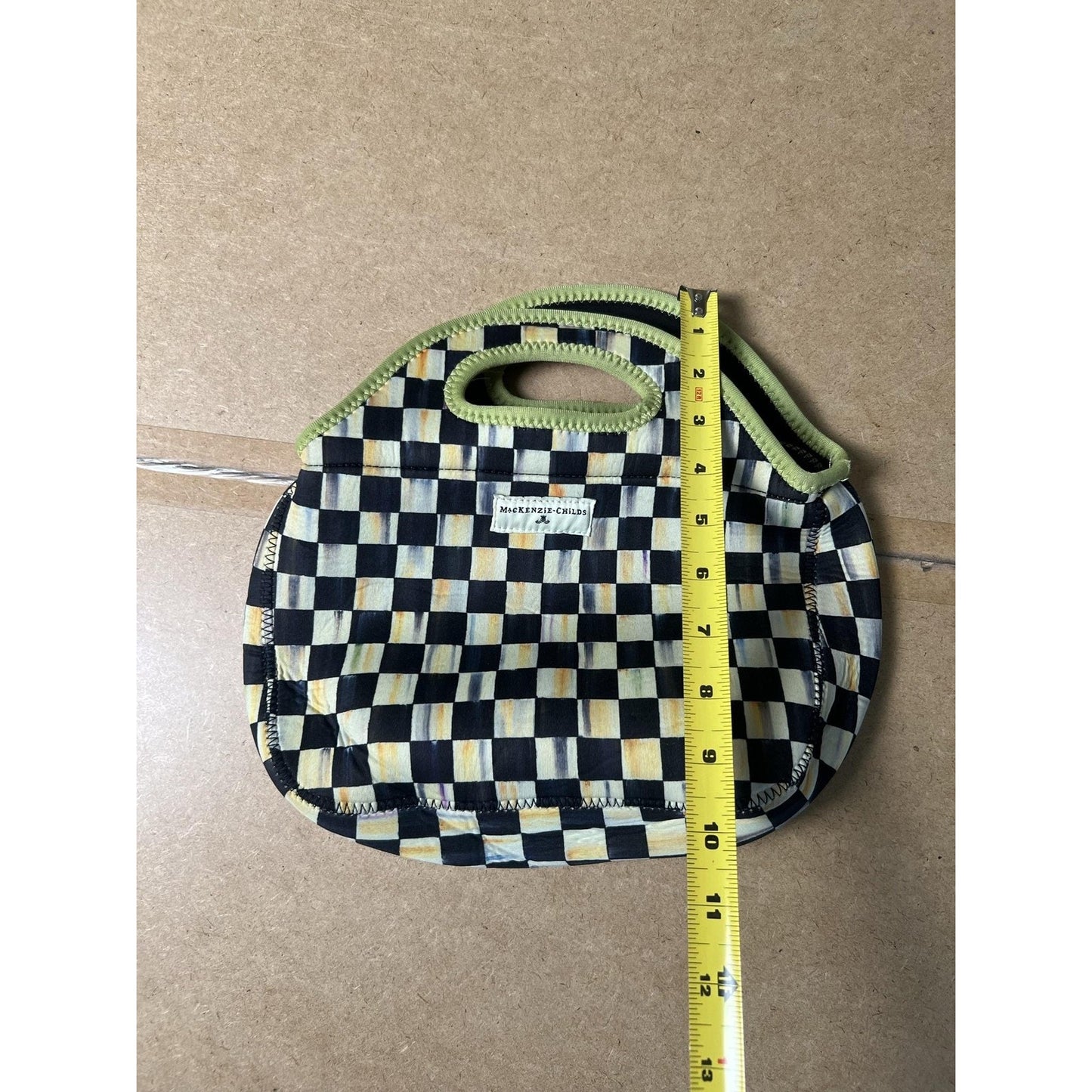 MacKenzie-Childs Top Handle Bag Womens Small Black Neoprene Checkerboard Green