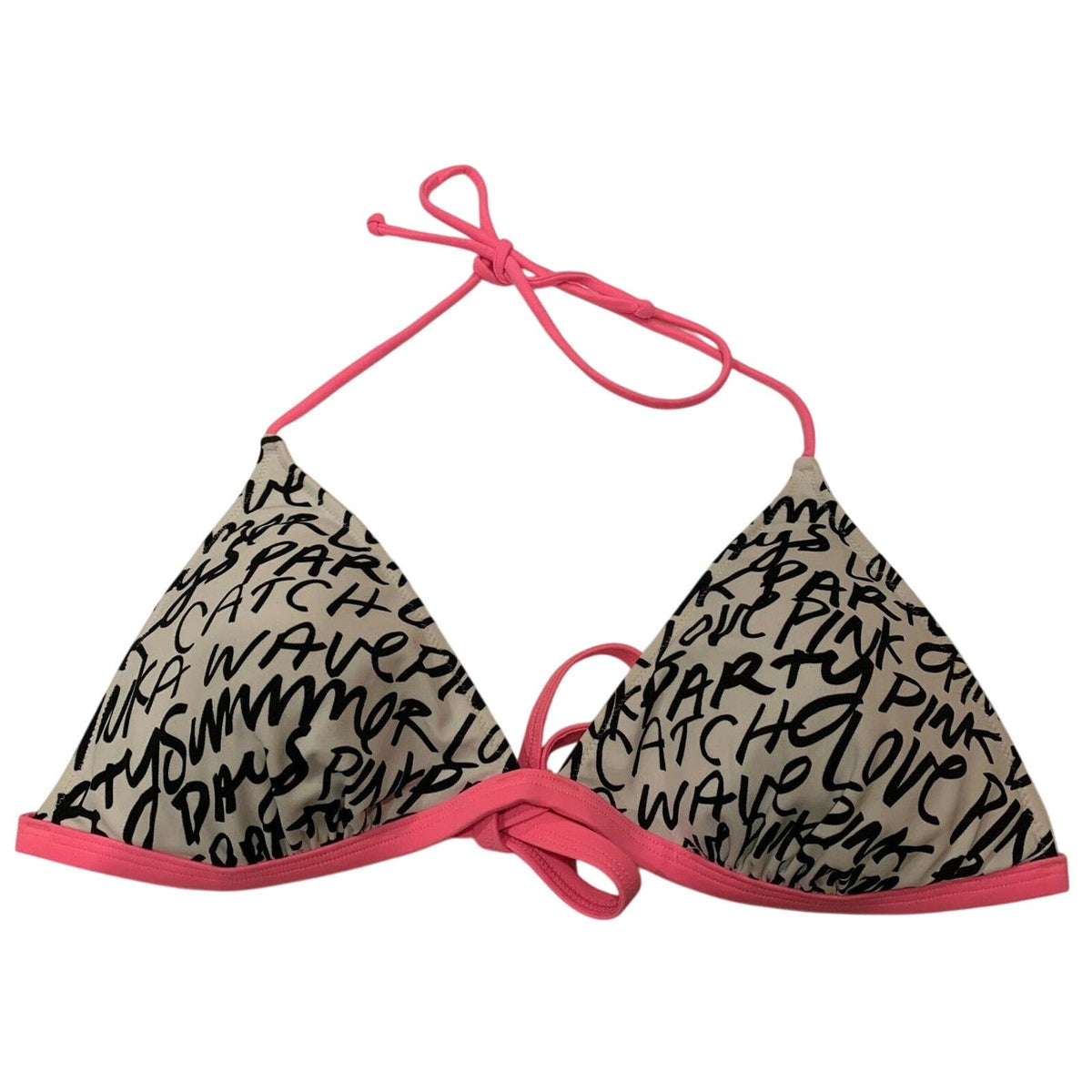Victoria's Victoria Secret Bikini PINK Top Black & White letters pink Sz L - EUC