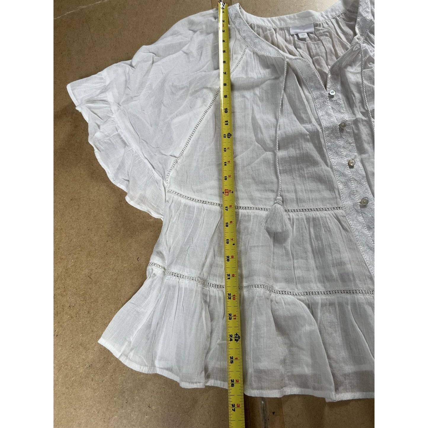 J. Jill Blouse Womens L White Kimono Flutter Sleeve Button Crochet Embroidered