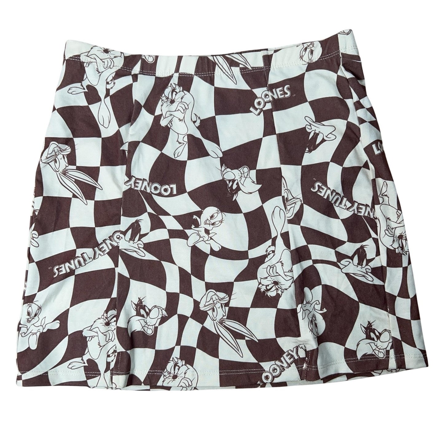 Looney Tunes Skirt Womens S Brown Check Straight Pencil Jersey Stretch