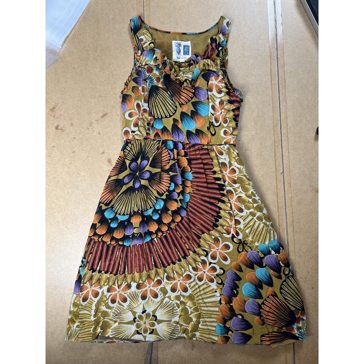 Edme & Esyllte Dress Womens 4 Gold Floral Fit & Flare Scoop Neck Lined Silk