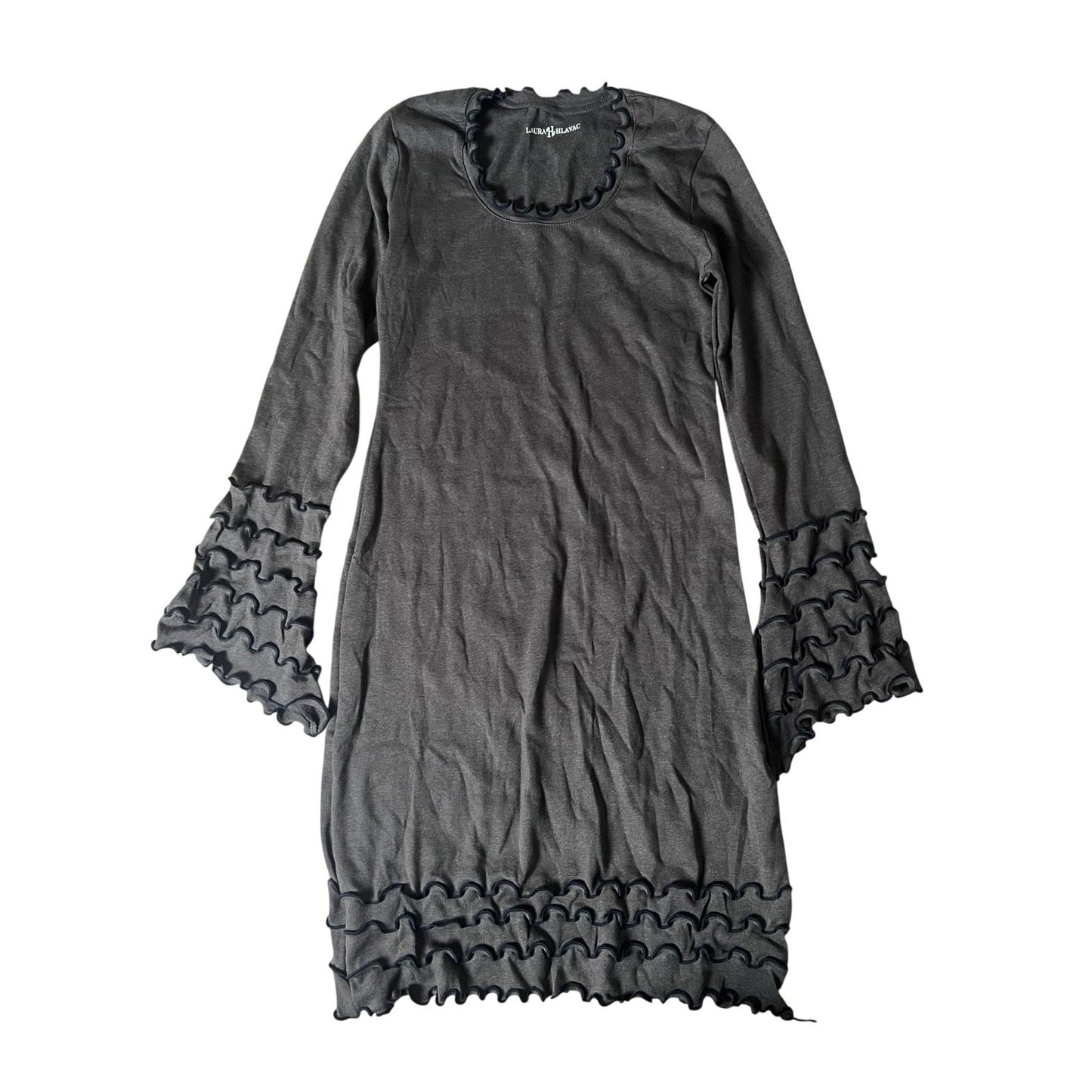 LAURA HLAVAC Dress Womens S Gray Sweater Dress Scoop Neck Bell Sleeve Ruffle
