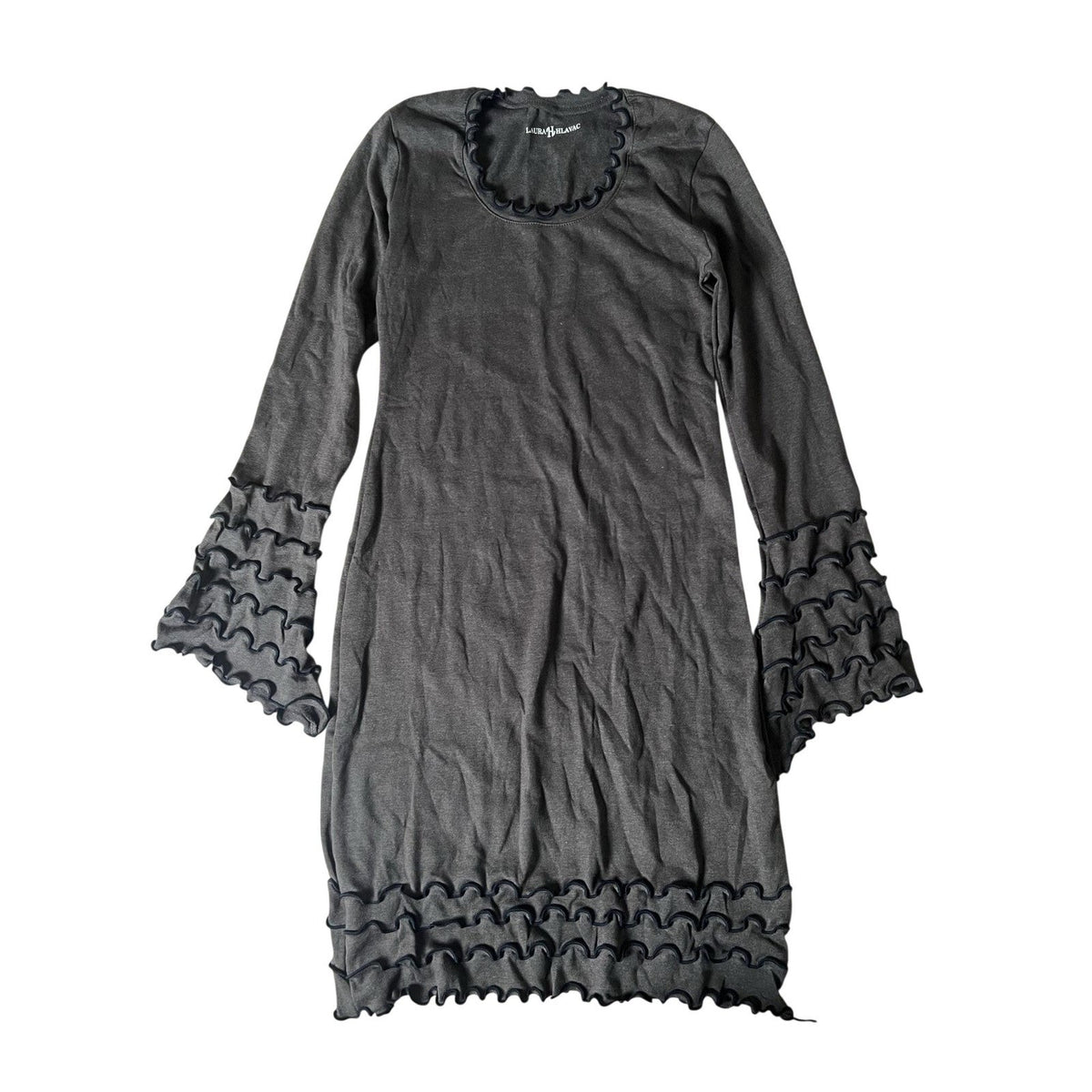 LAURA HLAVAC Dress Womens S Gray Sweater Dress Scoop Neck Bell Sleeve Ruffle
