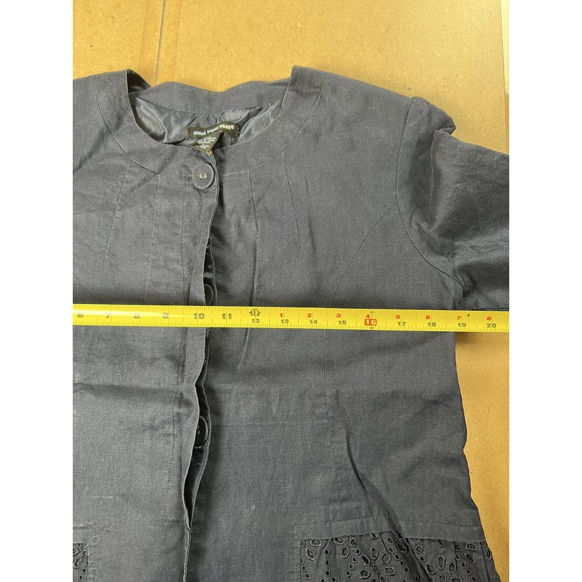 Saint Tropez West Jacket Womens M Blue Linen Collarless Embroidered Ruffle
