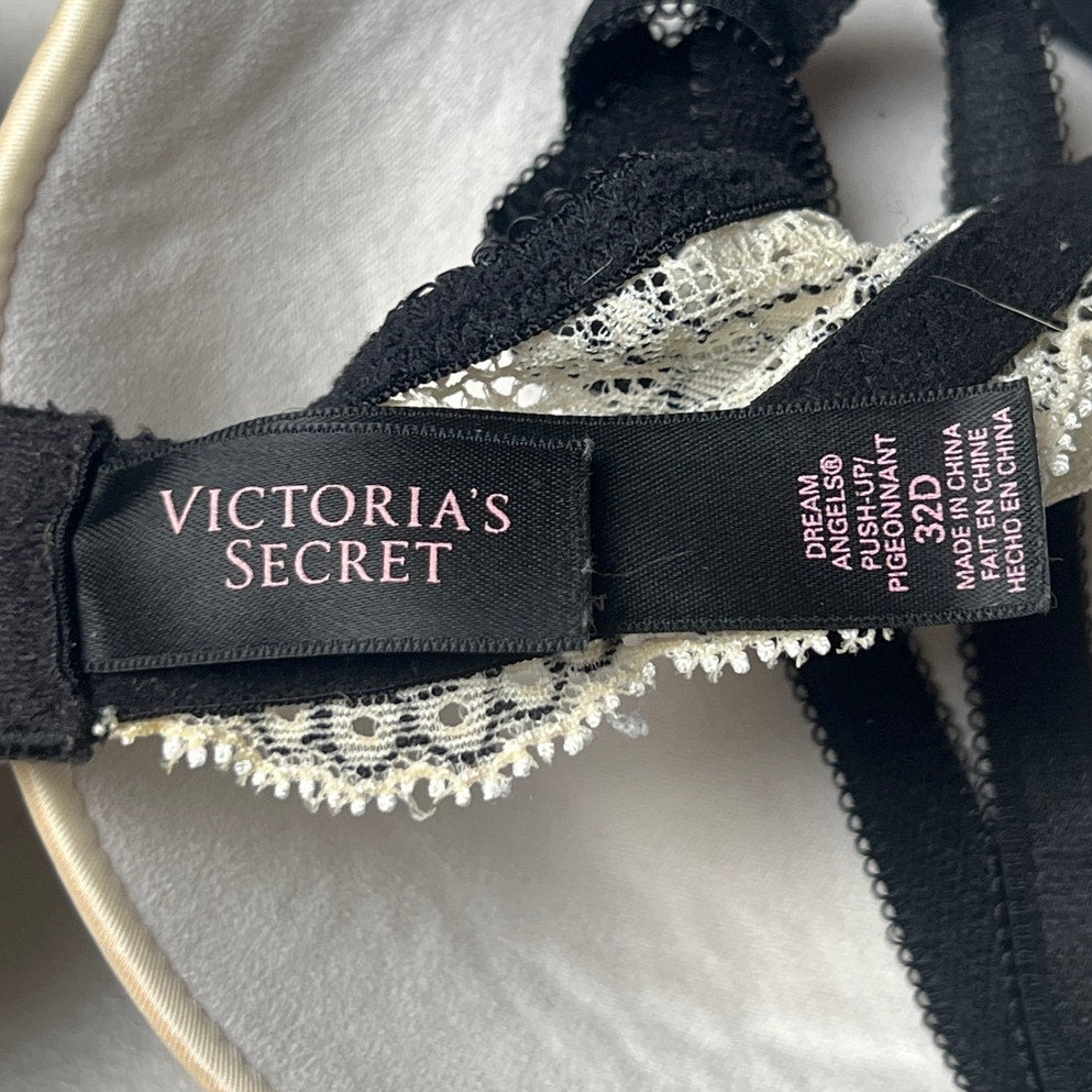 Victoria's Secret Dream Angel Lined Demi Rhinestone White Black Bra Size 32D