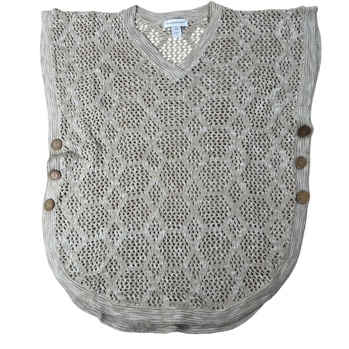 Christopher & Banks Tunic Womens S/M Beige Crochet Button Lightweight V-Neck