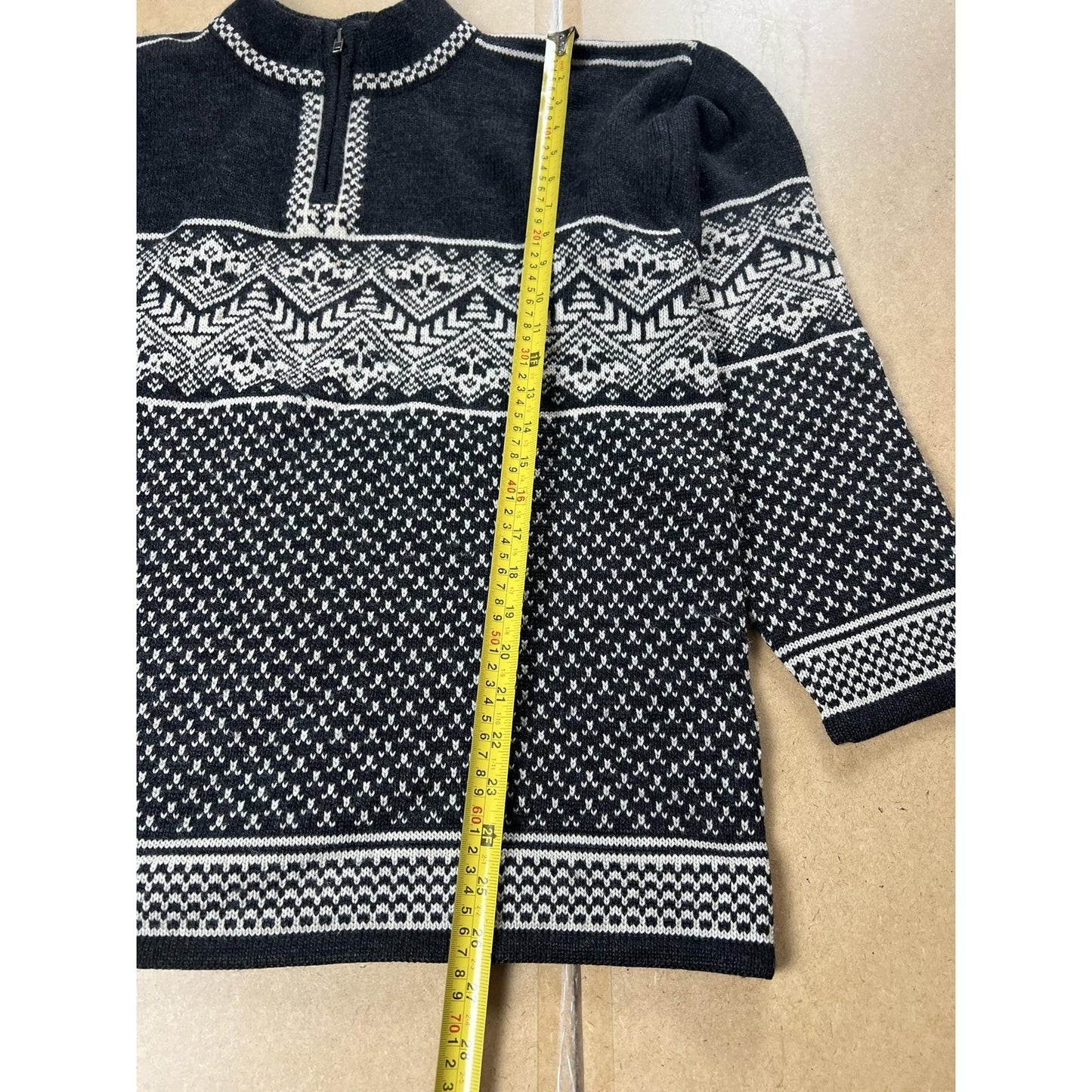 Nordic Design Sweater Mens L Gray Pullover 1/4 Zip Mock Neck Wool Fair Isle
