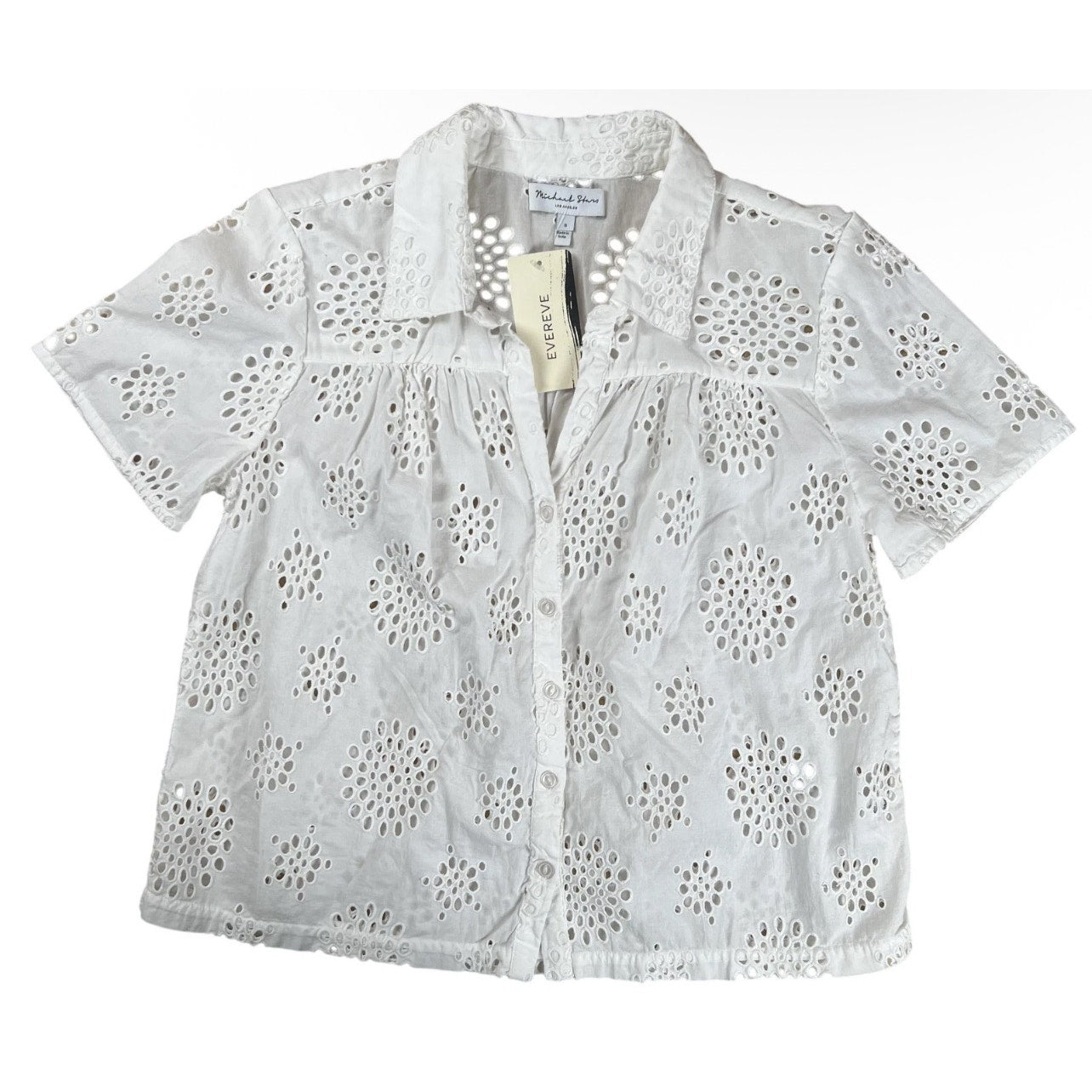 Michael Stars Button Down Womens S White Eyelet Short Sleeve Collared Cotton