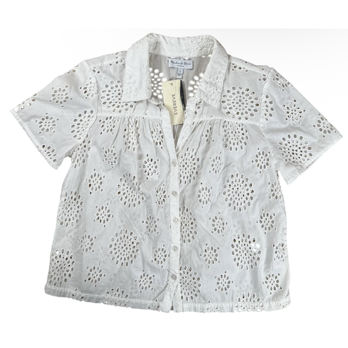 Michael Stars Button Down Womens S White Eyelet Short Sleeve Collared Cotton