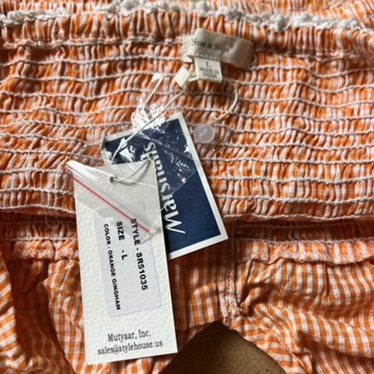 Sim & Sam Tank Womens L Orange Gingham Cropped Square Neck Button Stretch Straps