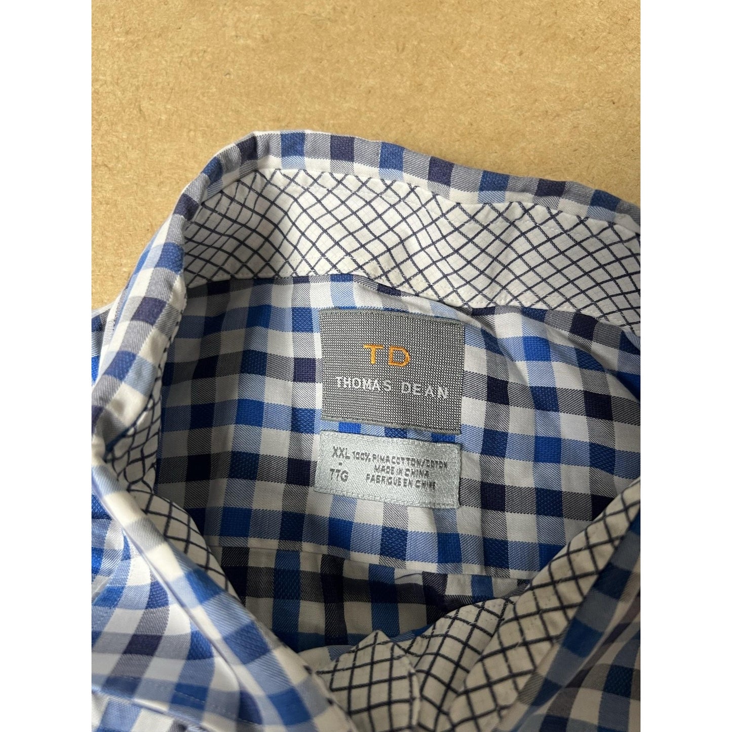 Thomas Dean Shirt Mens 2XL Blue Check Long Sleeve Button Up Collared Casual