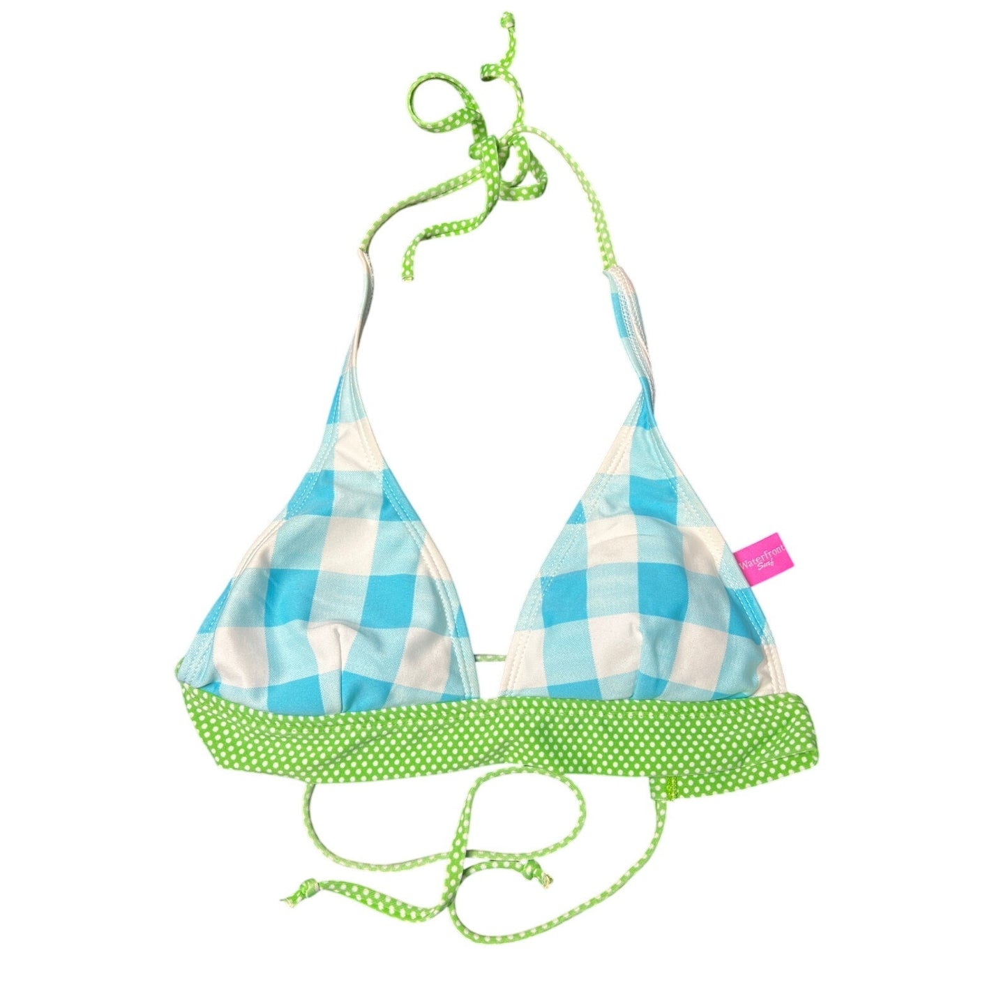 Waterfront Surf Blue Plaid and Green Bikini Top Women Size S