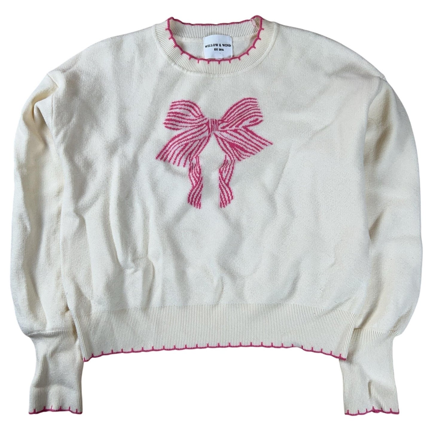 Willow & Wind Sweater Womens L White Pullover Bow Graphic Print Tight-Knit