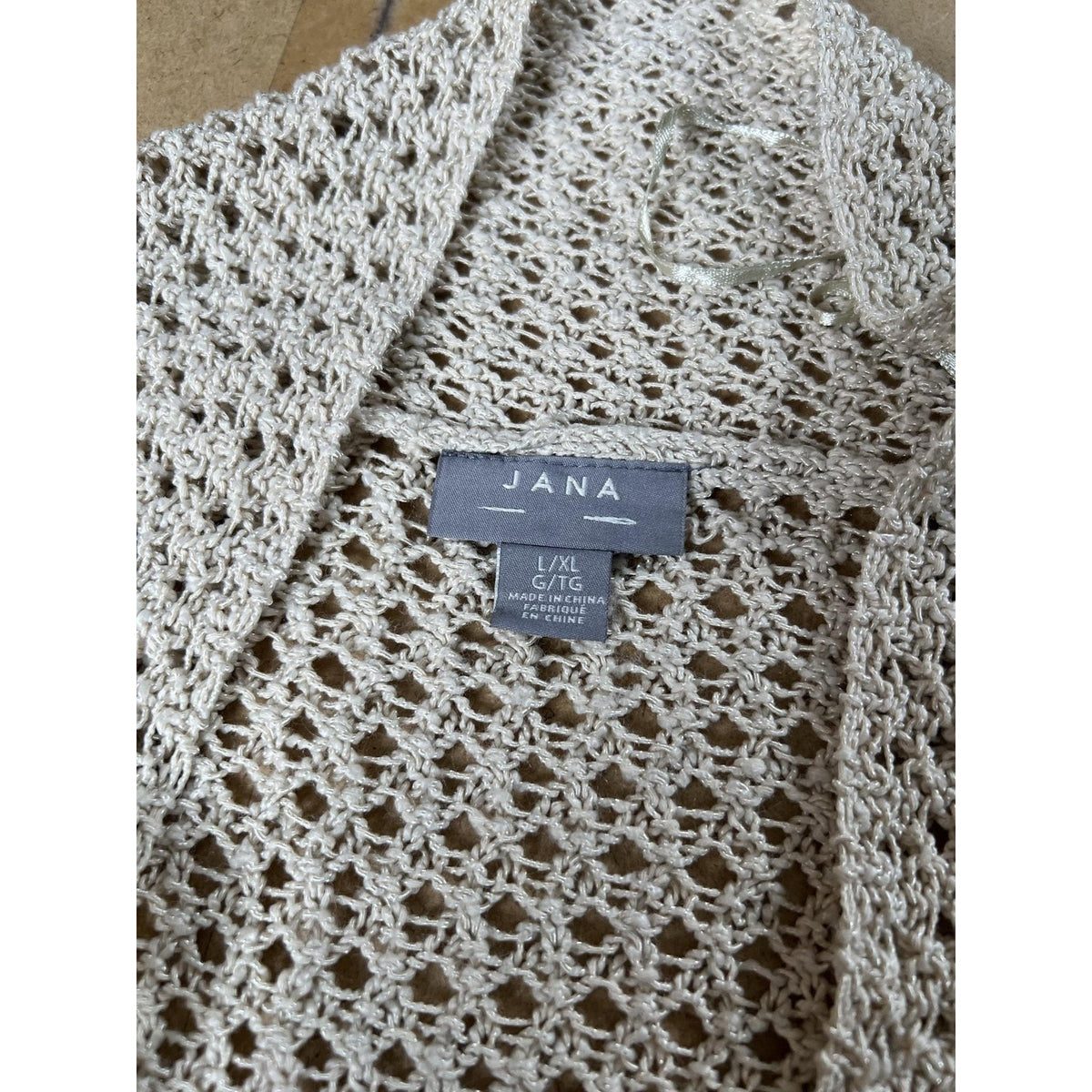 JANA Shrug Womens L/XL Beige Open-Knit Lightweight Collared Crochet Oversized