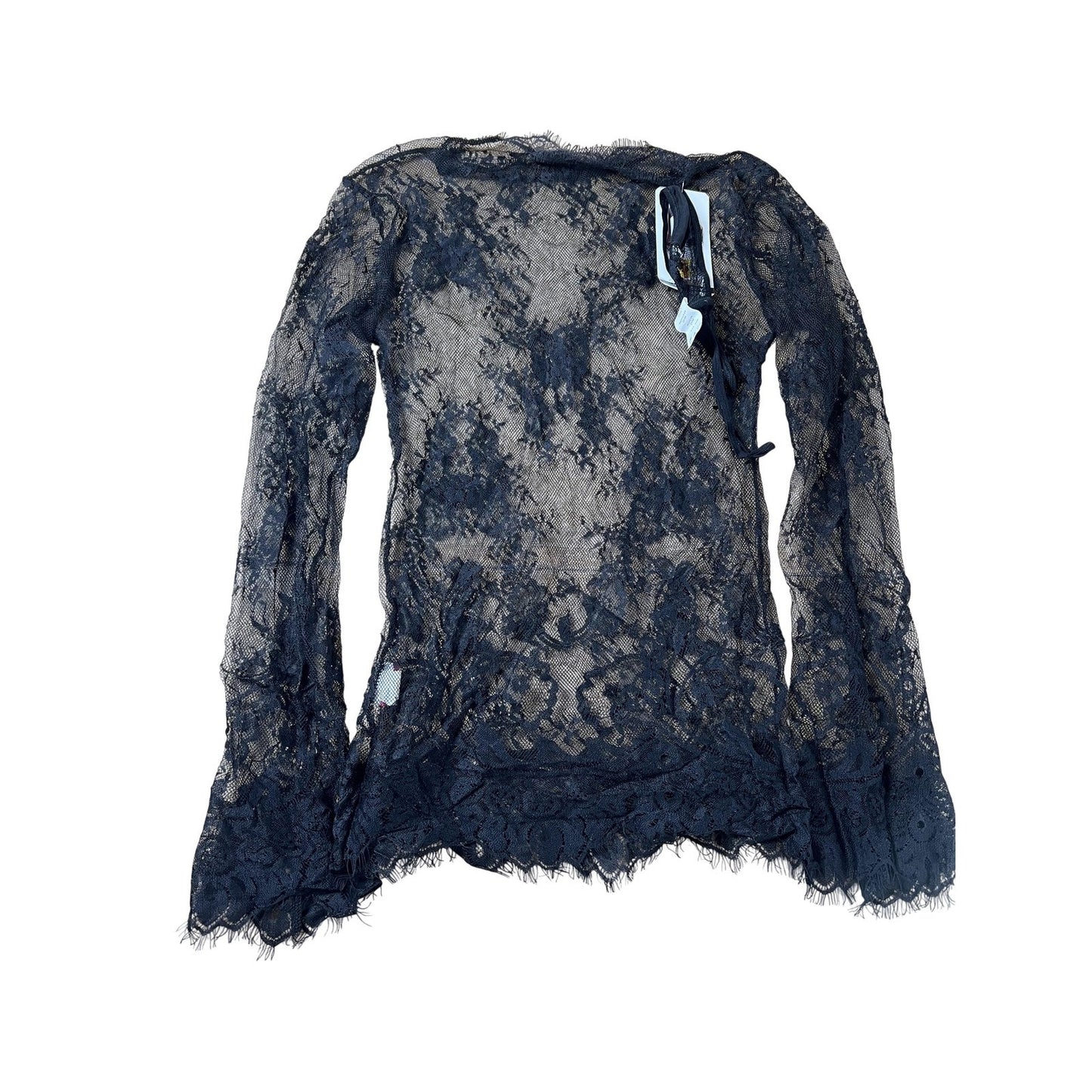 Shirley Top Womens S Black Lace Sheer Long Sleeve Scallop Hem Clubwear
